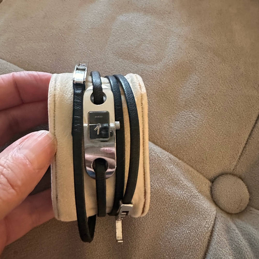 Gucci Silver and Black Leather Wrap Watch